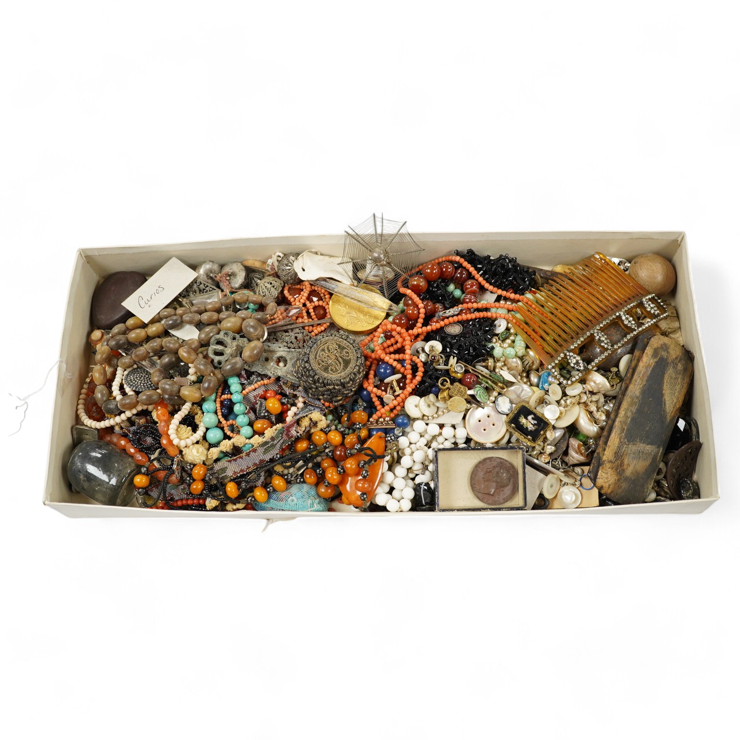 A mixed quantity of assorted jewellery and other items including carnelian agate, coral and amber necklaces, hair ornament, shells, spectacles, etc. Condition - poor to fair